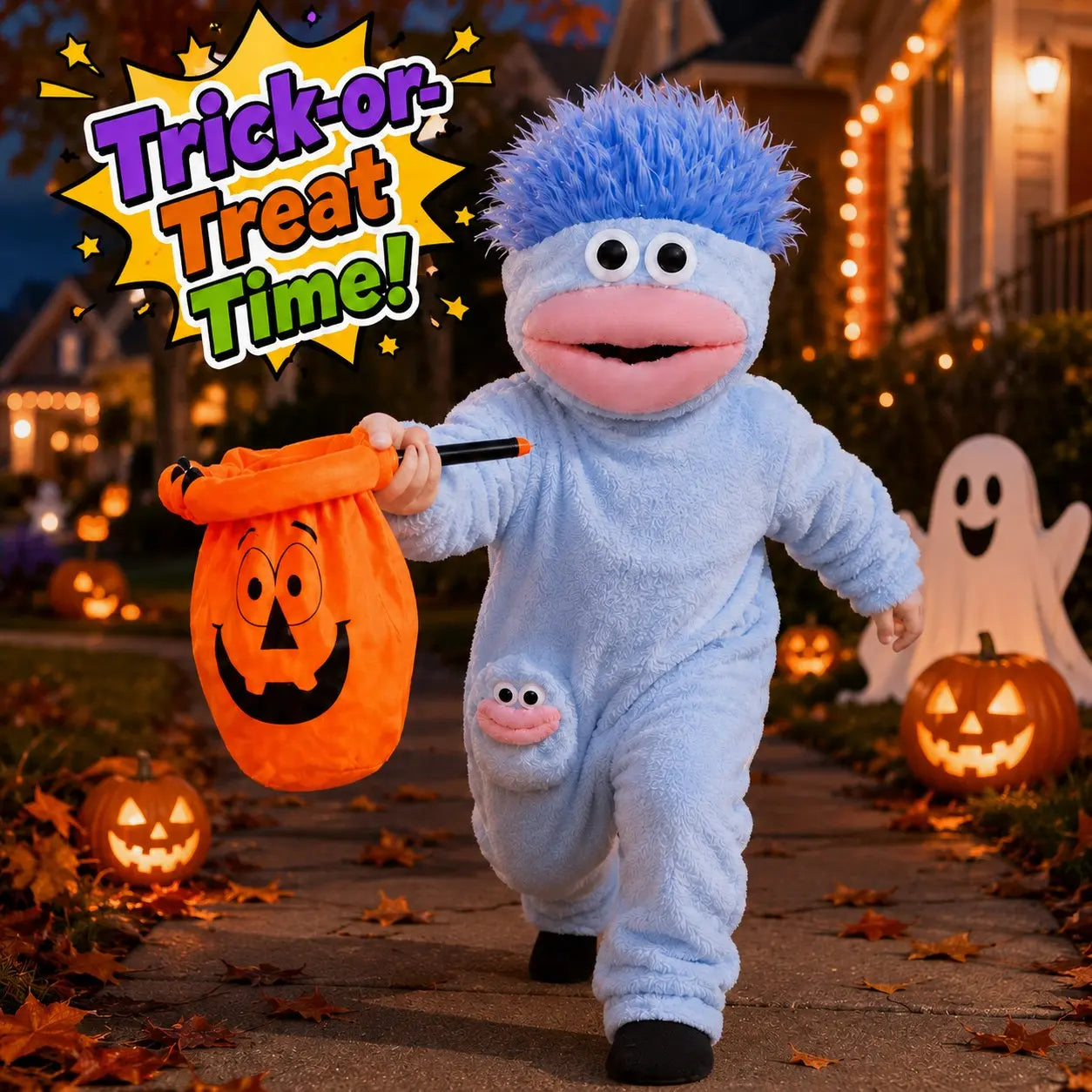 Kids’ Plush Monster Halloween Costume with Pumpkin Bag for Parties & Sleepwear