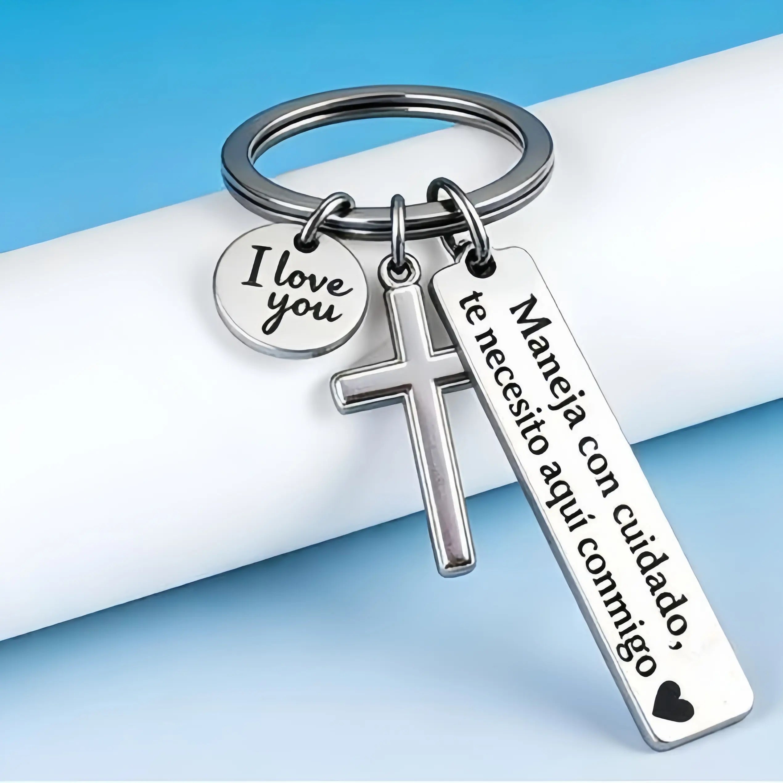 Spanish "Te Necesito Aquí Conmigo" Religious Drive Safe Keyring for Him/Her