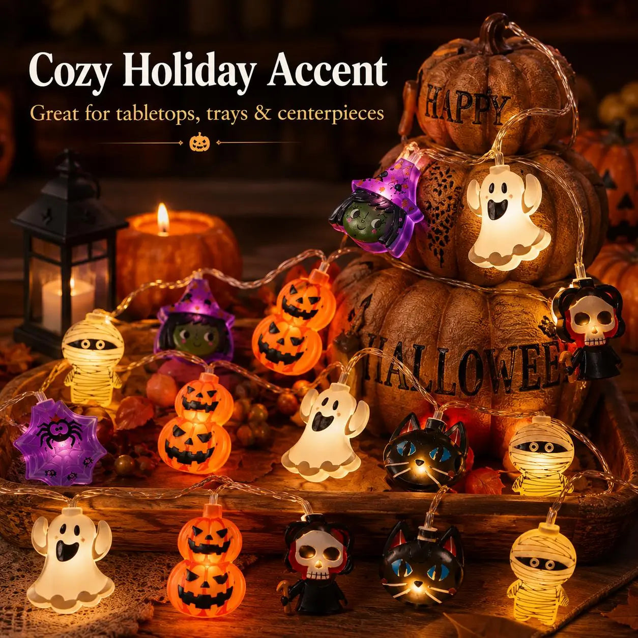 USB Pumpkin LED String Lights, 59–118in Warm Halloween Garland for Mantel, Window, Bedroom & Fall Decor