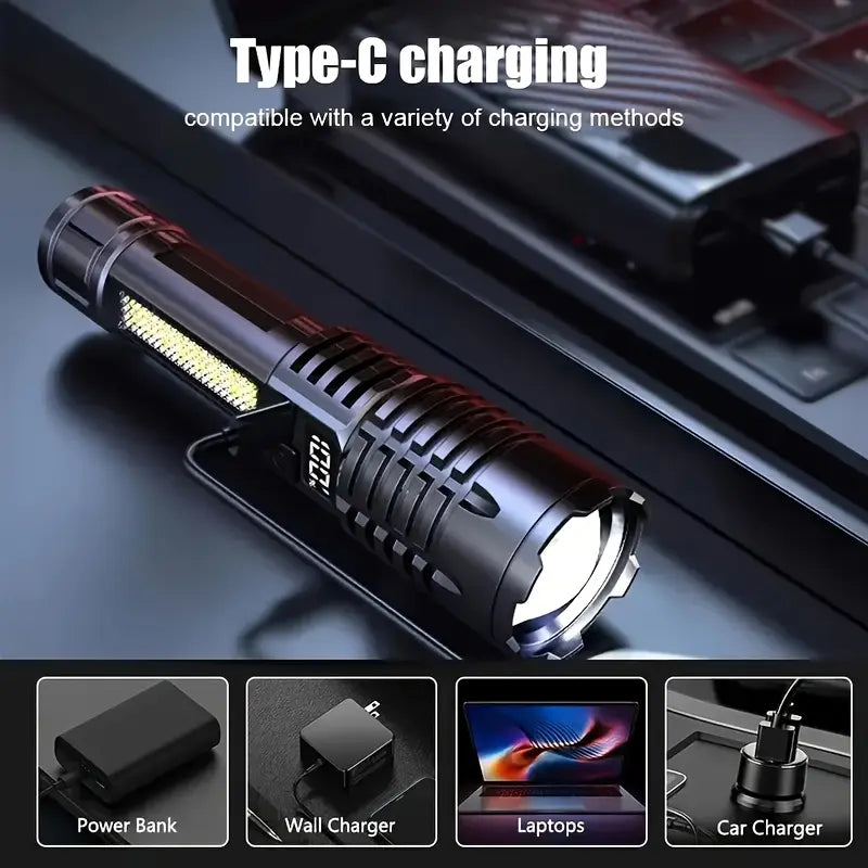 Rechargeable LED Flashlight with 5 Modes, Zoomable Beam & LCD Digital Display for Camping, Hiking, Fishing & Emergency Use