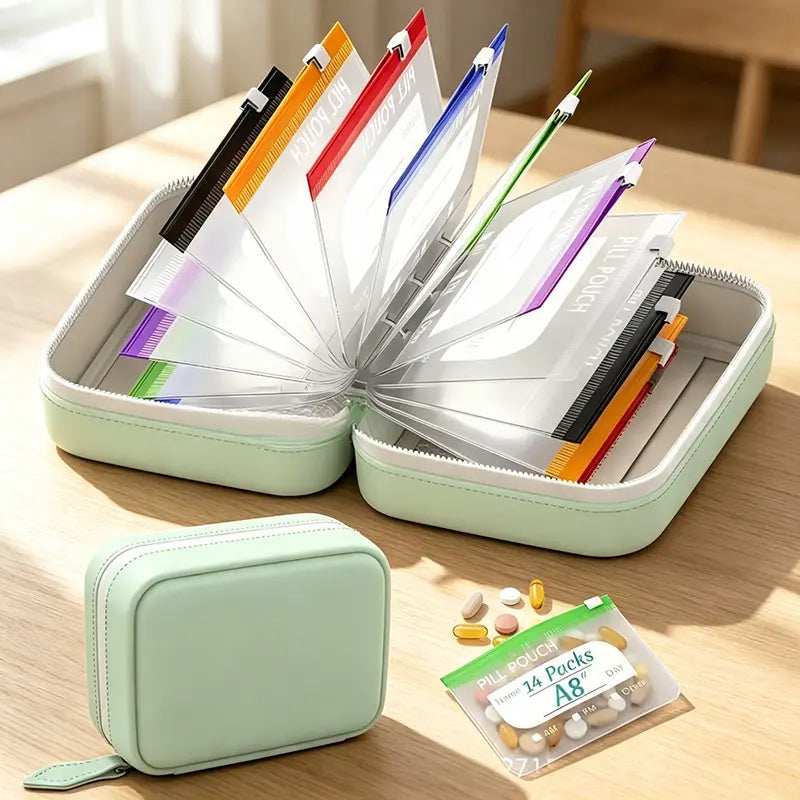 14-Piece Waterproof Pill Organizer Set with Zipper Pouches, Color-Coded Storage Bags for Vitamins, Supplements, Fish Oil & Travel Essentials
