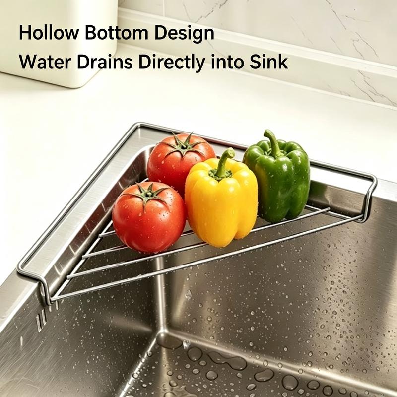 Stainless Steel Corner Sink Shelf with Triangular Open Wire Rack Design, Drainage and Raised Side for Daily Sink Areas Organizer Sponge Holder Cloth Rack Brush Rest Triangular Shelf Open