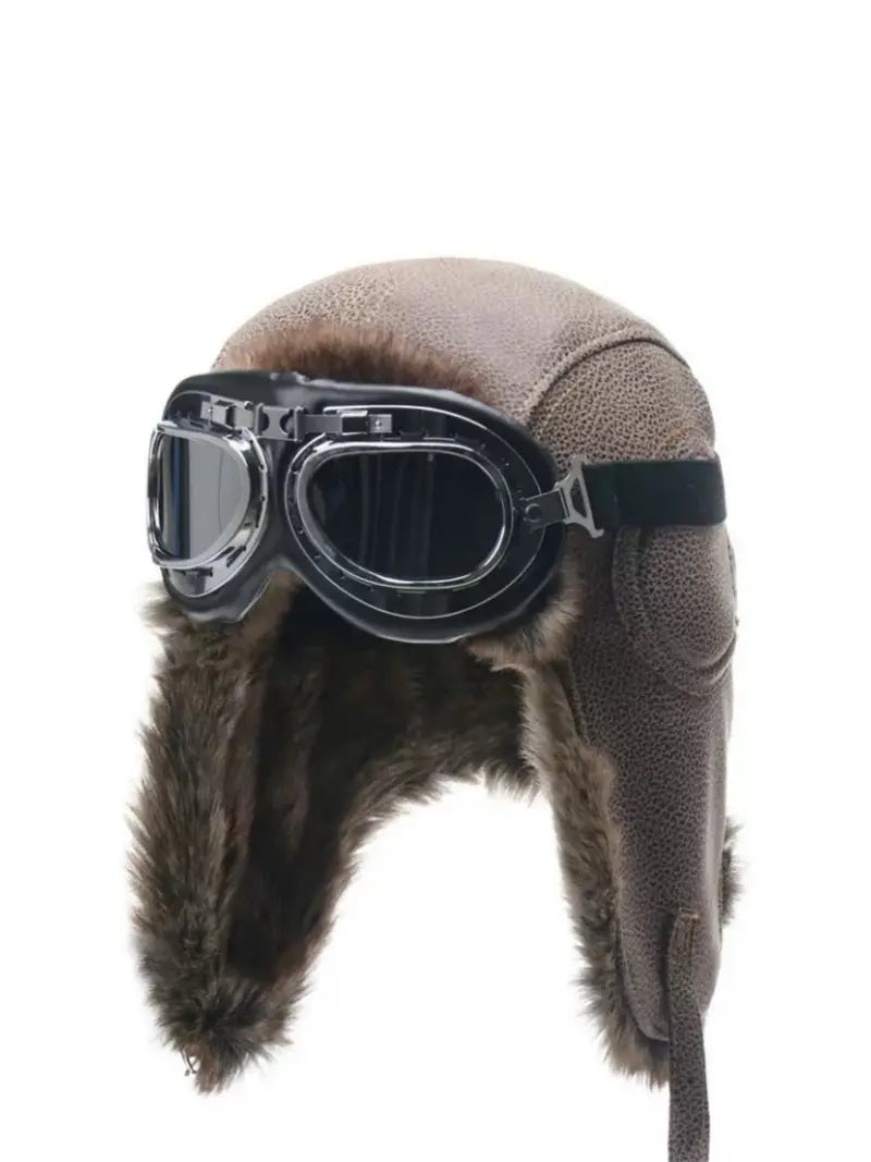 Camel Leather Aviator Hat & Goggles Set with Ear Coverage