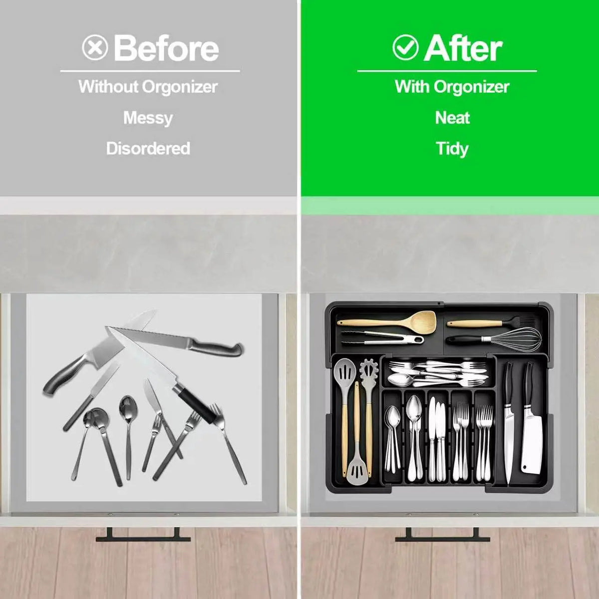 TidyArc Extra-Large Expandable Silverware Organizer – Black