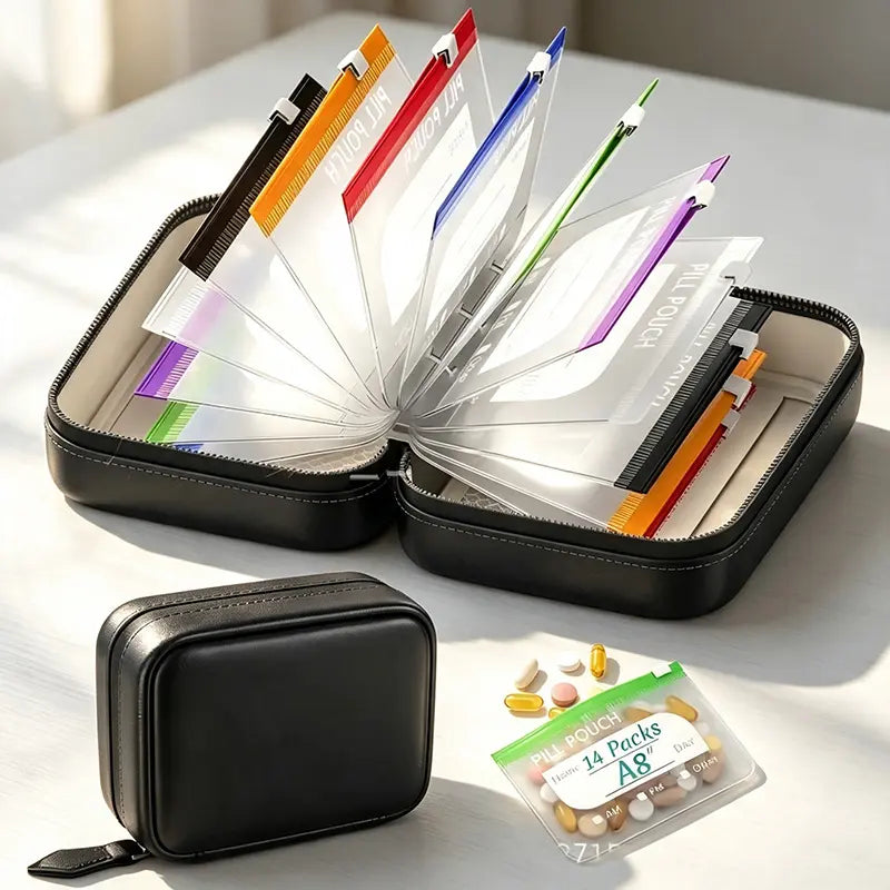 14-Piece Waterproof Pill Organizer Set with Zipper Pouches, Color-Coded Storage Bags for Vitamins, Supplements, Fish Oil & Travel Essentials