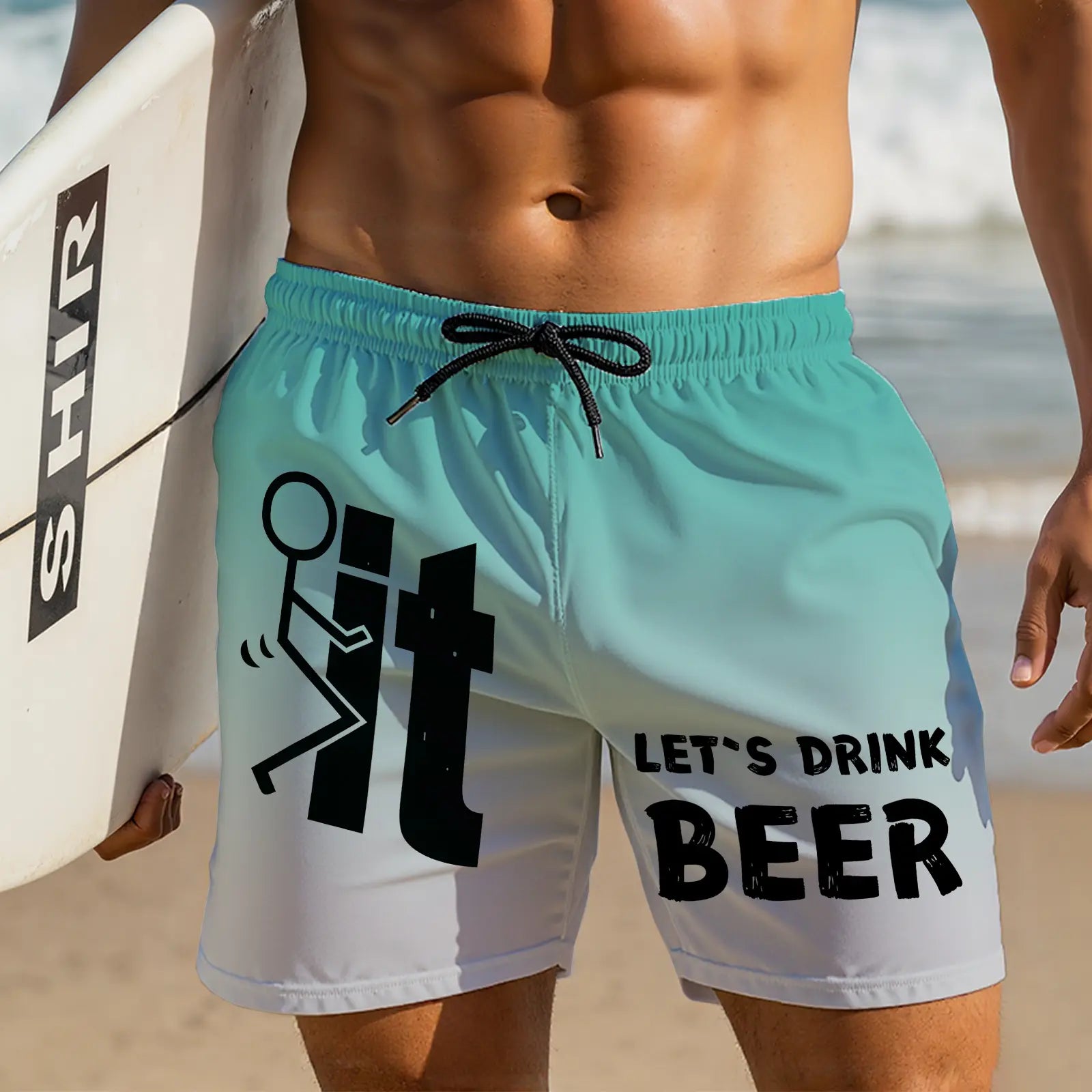 "F*ck It, Let's Drink Beer" Funny Men's Swim Trunks - Quick-Dry Beach Board Shorts with Pockets