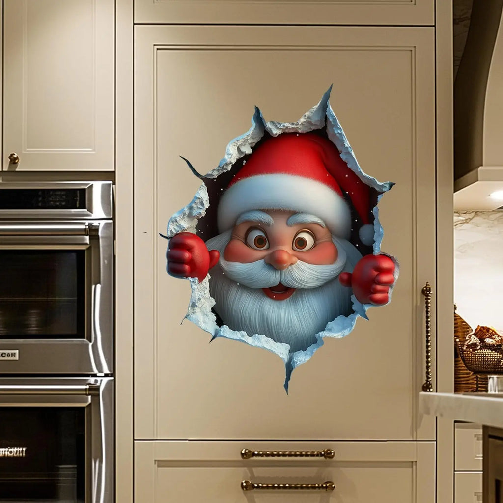 2-piece Santa face vinyl stickers, removable 3D-style Christmas decals for use in living rooms, bedrooms, and holiday decorations.