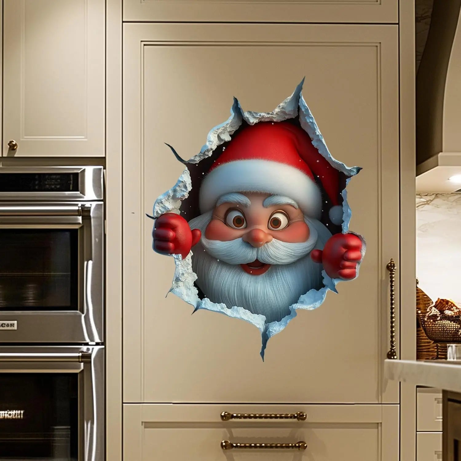 2-piece Santa face vinyl stickers, removable 3D-style Christmas decals for use in living rooms, bedrooms, and holiday decorations.