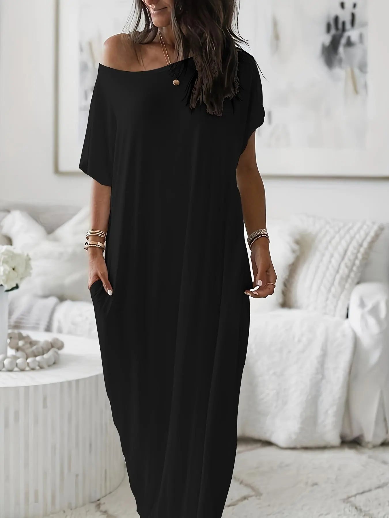 Women's Solid Color Batwing Sleeve Lounge Dress, Casual Short Sleeve Nightdress for Daily Wear & All Seasons Comfort