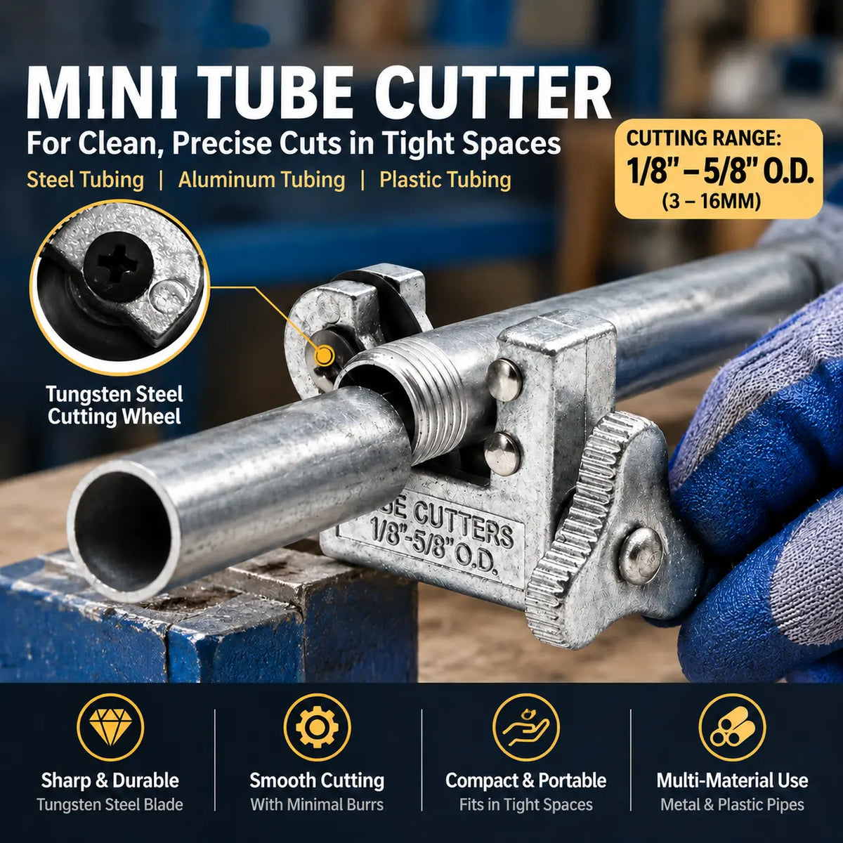 1/8–5/8 in Mini Tube Cutter for Metal & Plastic Pipes