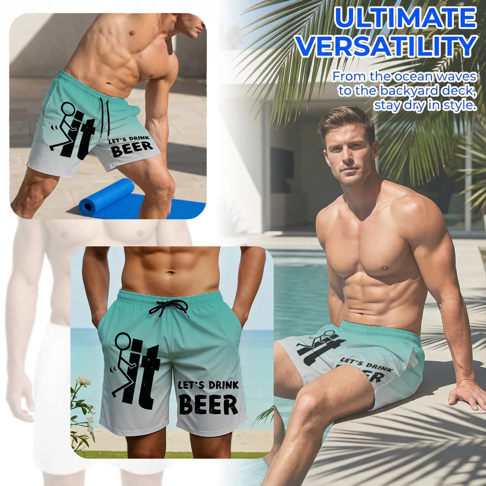 "F*ck It, Let's Drink Beer" Funny Men's Swim Trunks - Quick-Dry Beach Board Shorts with Pockets