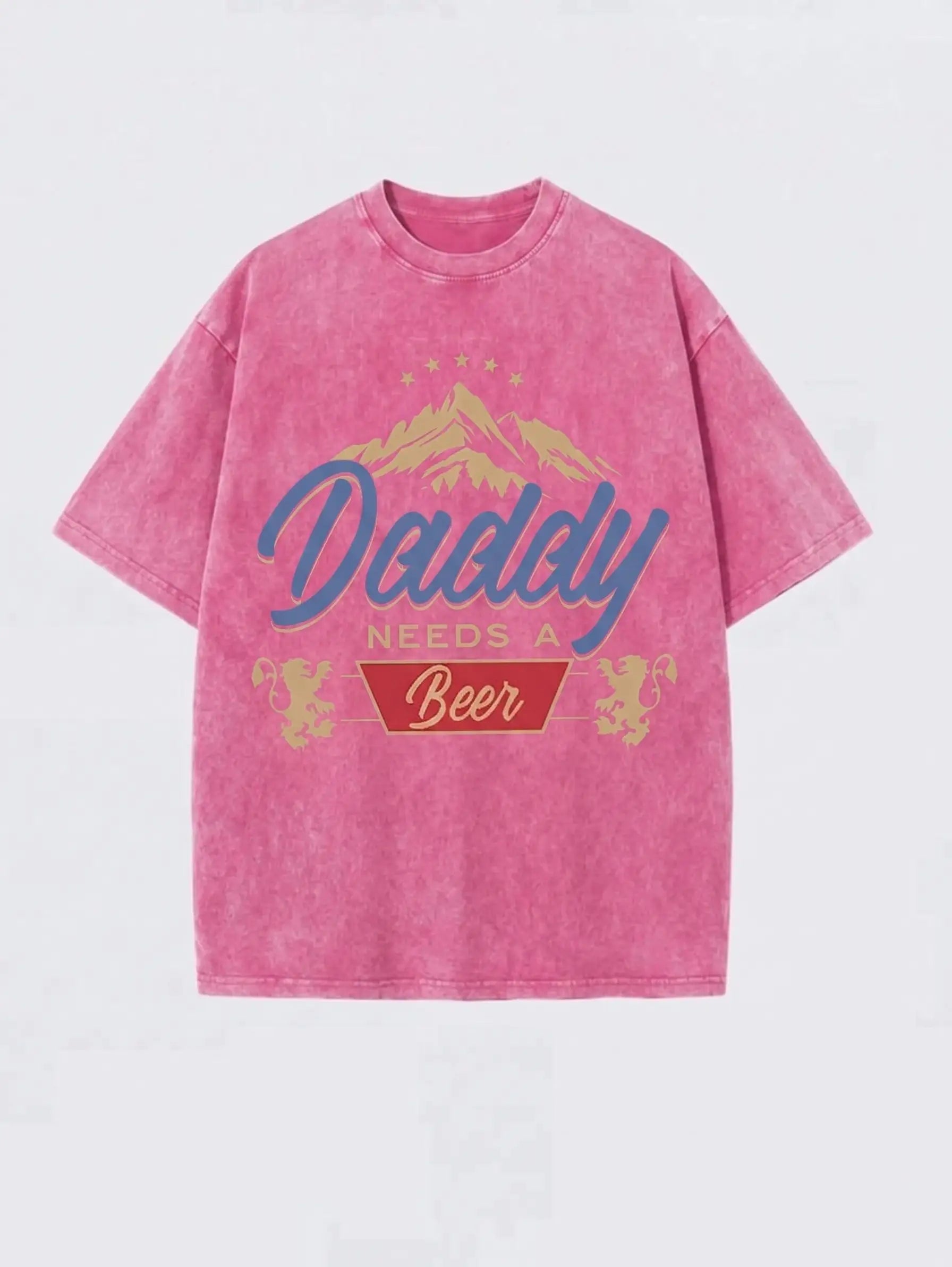 Men's 230G Heavyweight Cotton "Daddy Needs A Beer" Graphic T-Shirt, Vintage Washed Oversized Casual Streetwear Tee