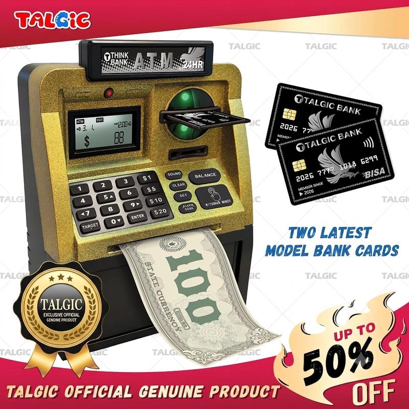 Kids ATM Piggy Bank with Password, Coin & Bill Savings Toy with Keypad & Cards for Birthday Gifts