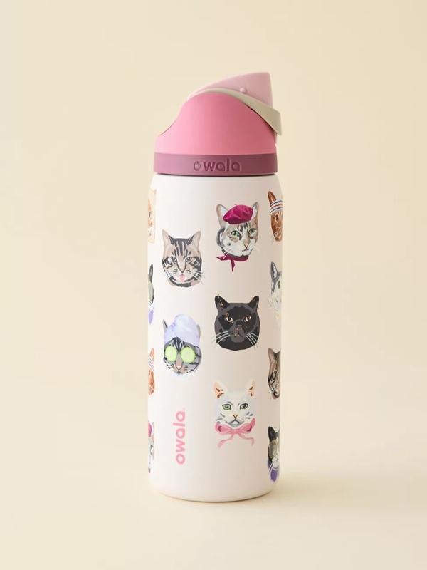 Owala Cat Collage FreeSip 32 oz Water Bottle, Cute Cat Print Insulated Stainless Steel Tumbler with Straw Lid