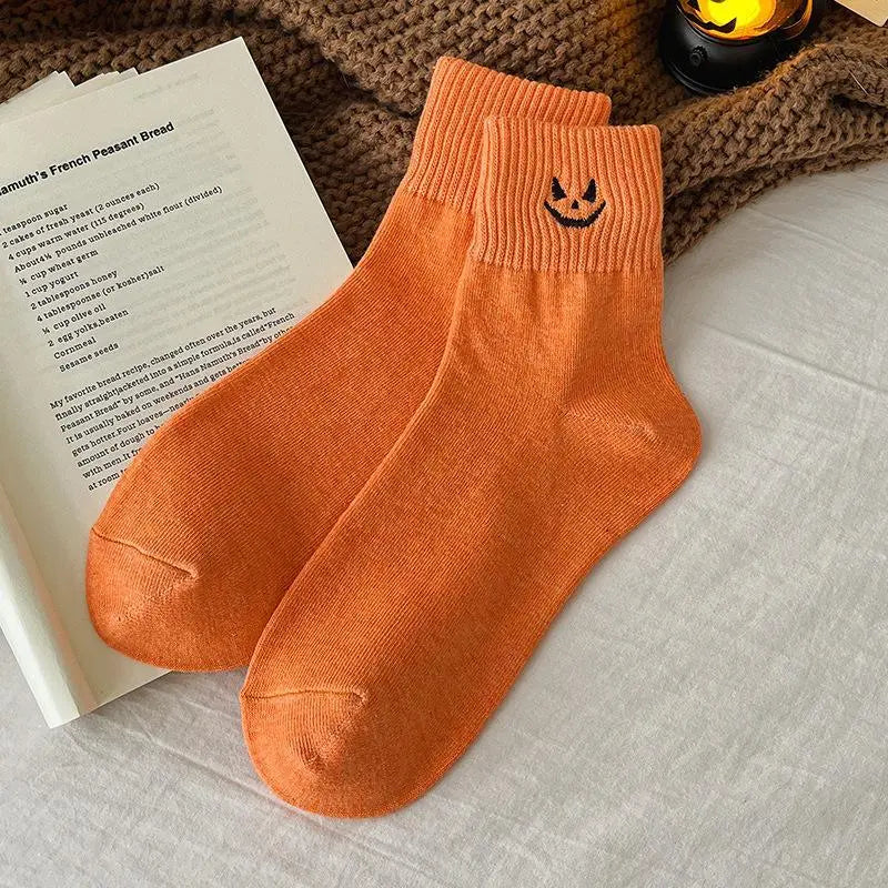 5-Pair Halloween Crew Socks Set, Cozy Mid-Calf Knit Socks with Pumpkin, Ghost & Bat Designs