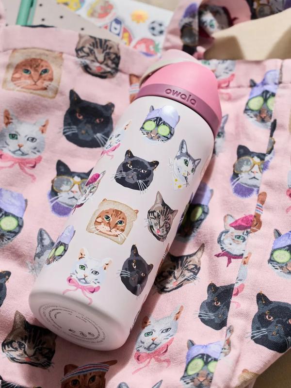 Owala Cat Collage FreeSip 32 oz Water Bottle, Cute Cat Print Insulated Stainless Steel Tumbler with Straw Lid