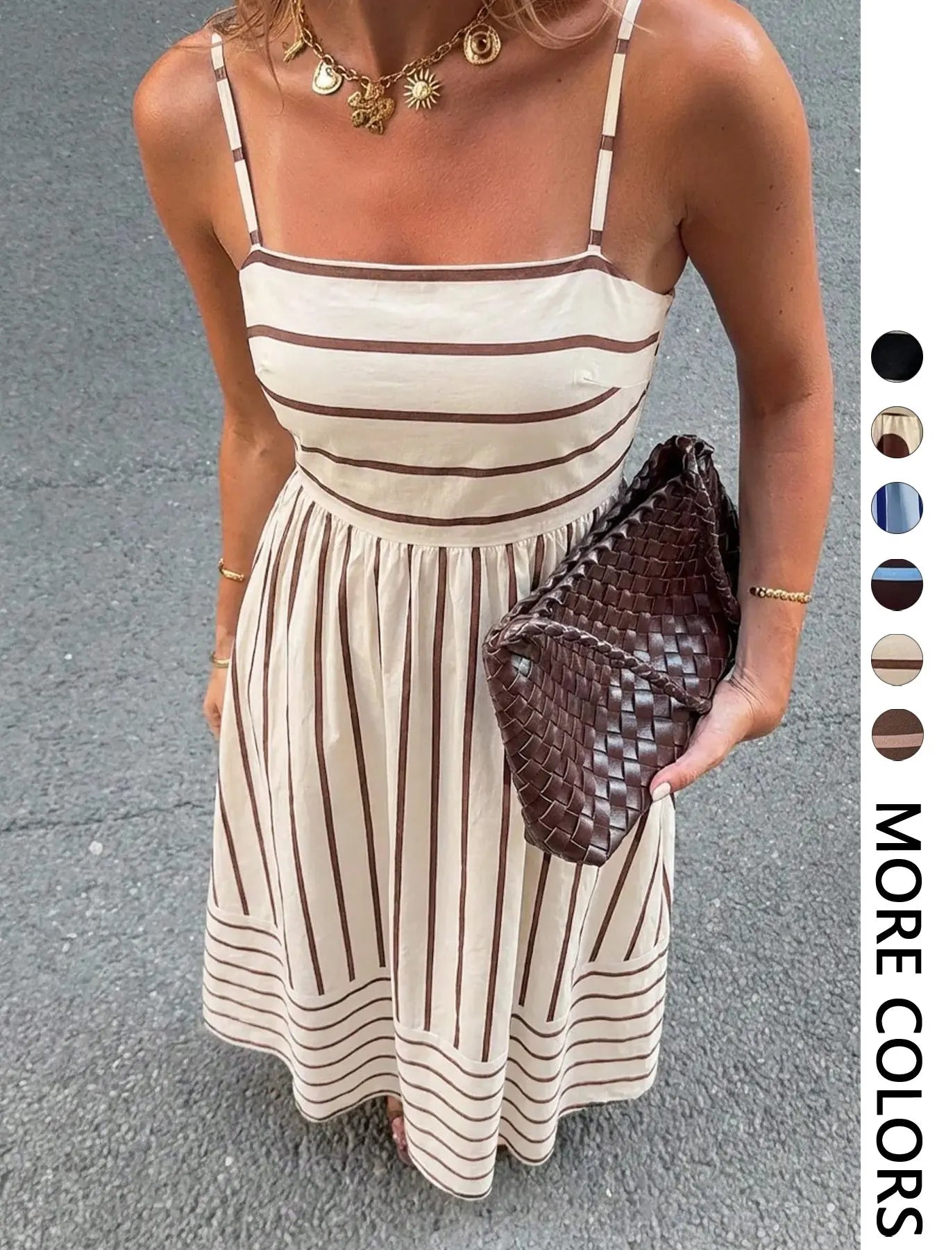 Women's Striped Print Casual Lightweight Summer Vacation Square Neck Thin Strap Dress, French Vintage Style, Perfect for Holidays