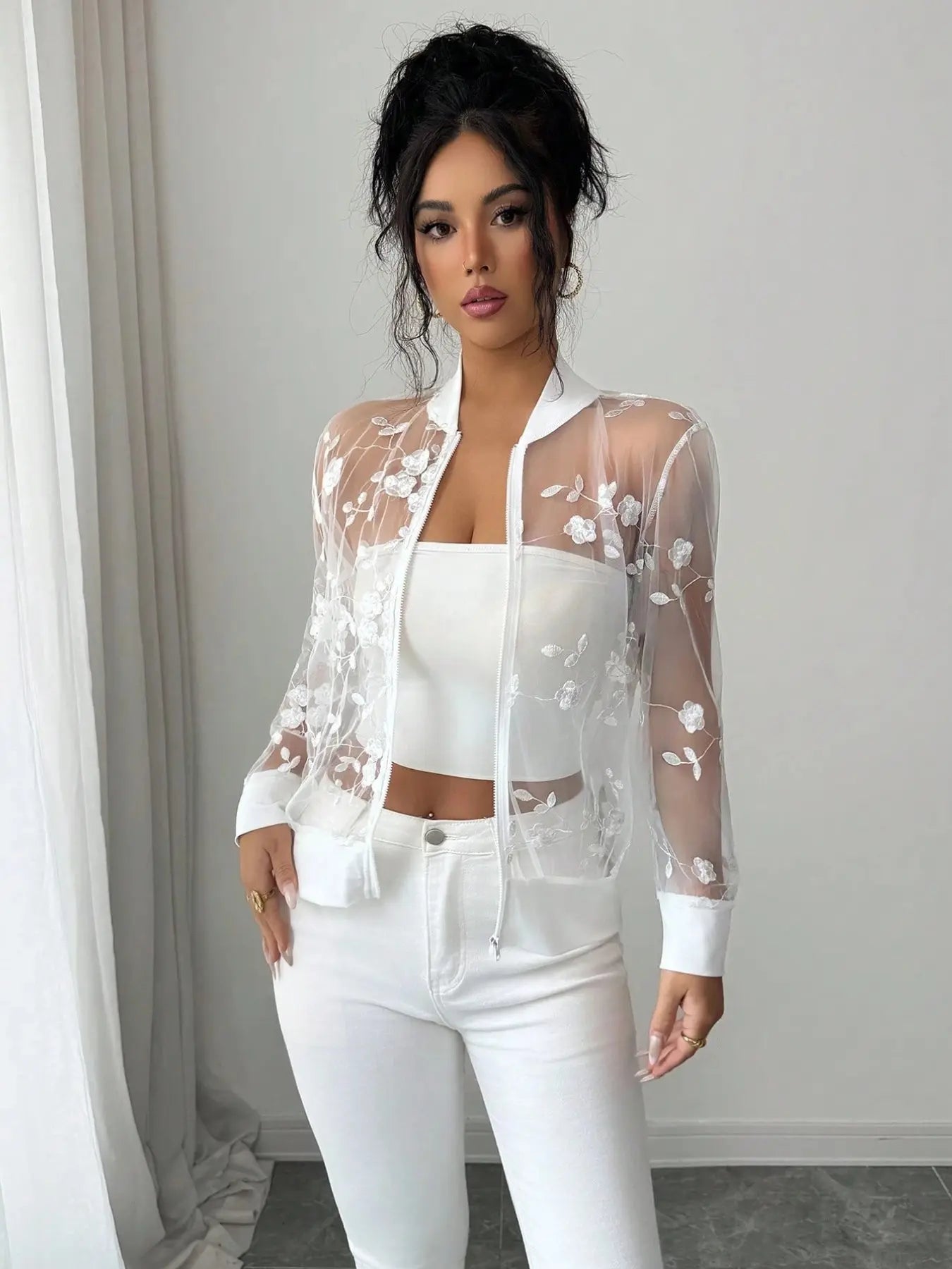 Women's Floral Embroidered Mesh Zip-Up Jacket, Lightweight Sheer Long Sleeve Layer for Spring & Summer