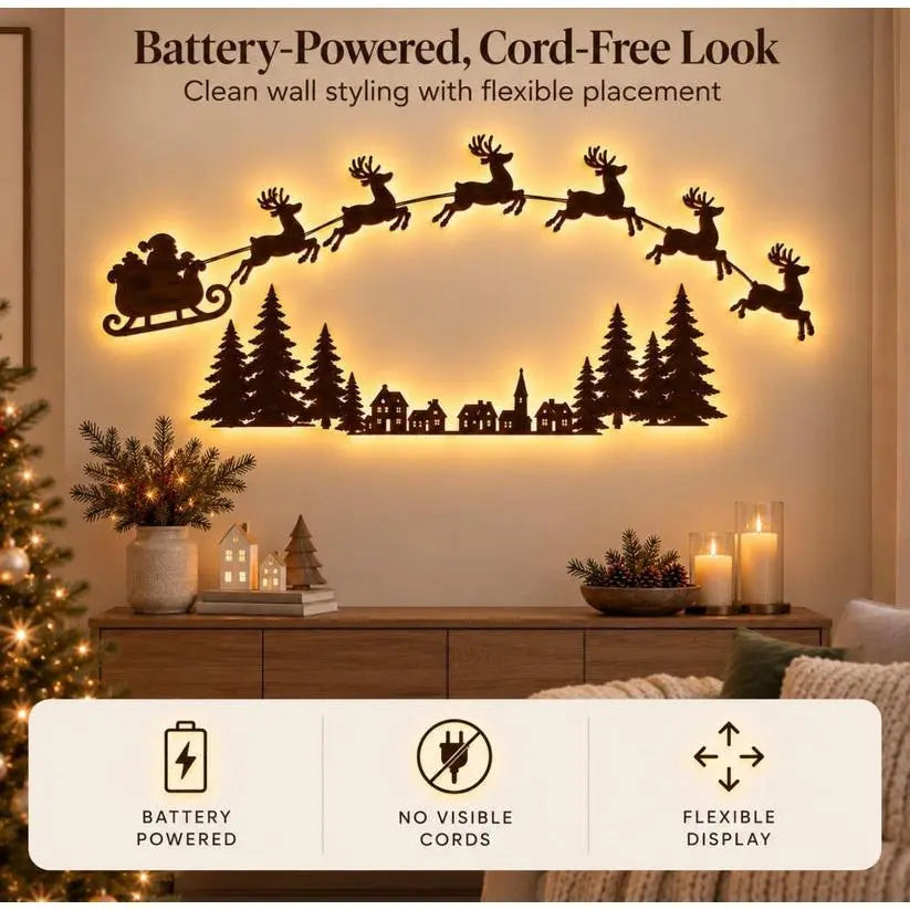 Cordless LED Santa Sleigh & Reindeer Wall Decor