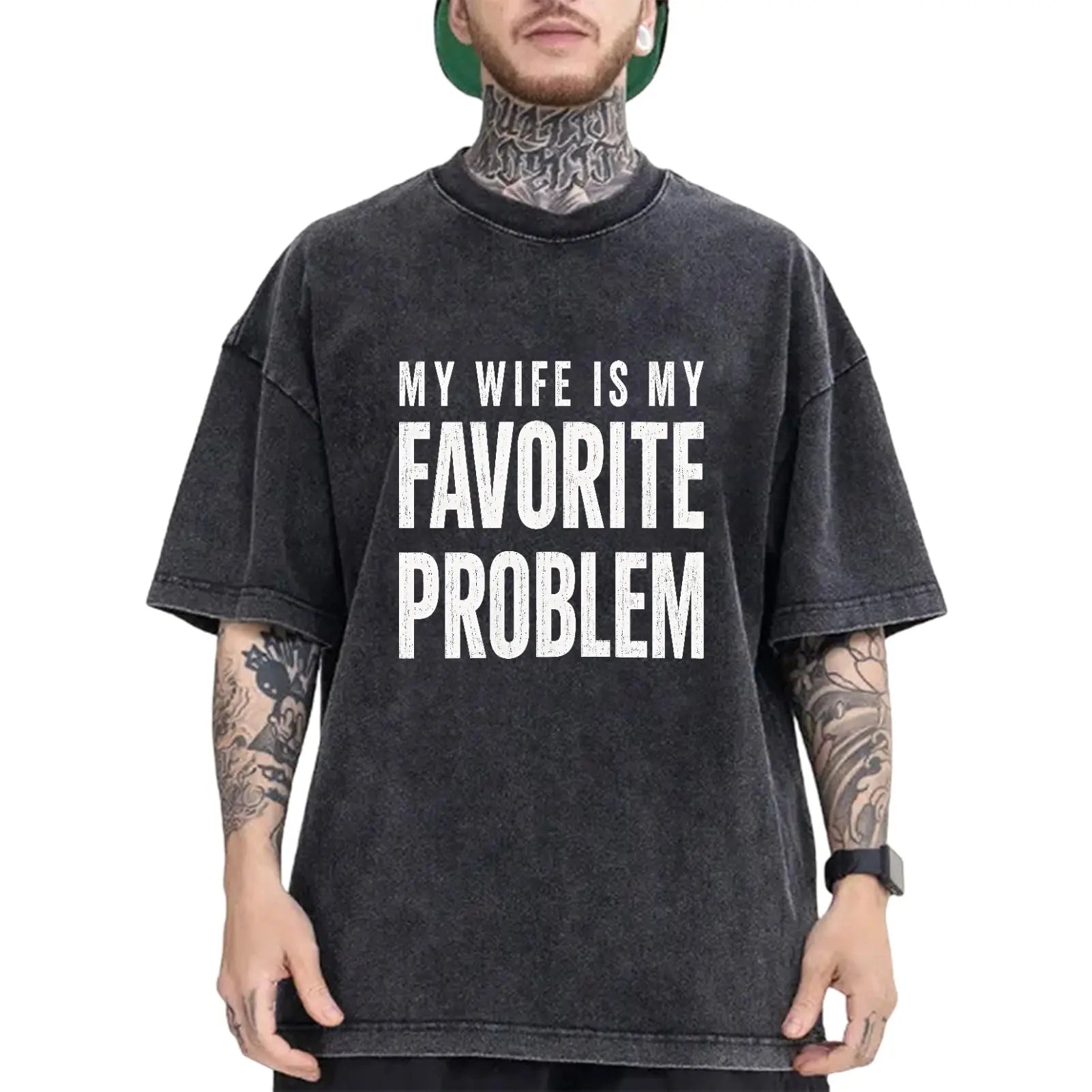 Men's Funny "My Wife Is My Favorite Problem" Graphic T-Shirt, Cotton Crew Neck Casual Tee with Vintage Lived-In Style