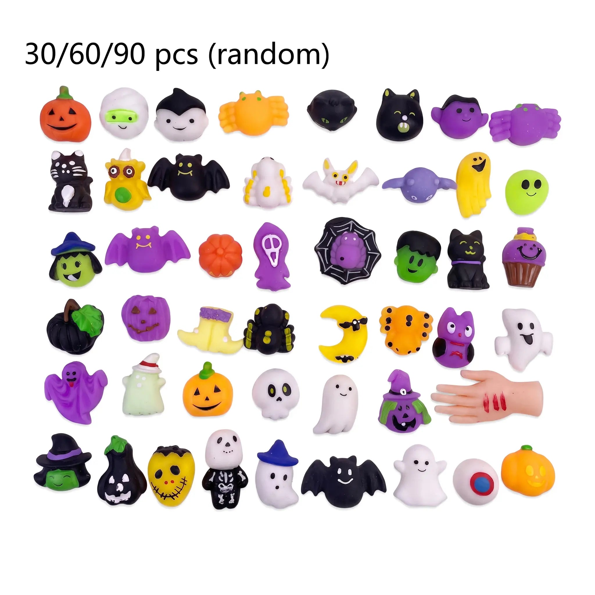 30/60/90-Pack Halloween Squishy Toys with Pumpkin, Ghost & Bat Shapes for Party Favors & Classroom Rewards
