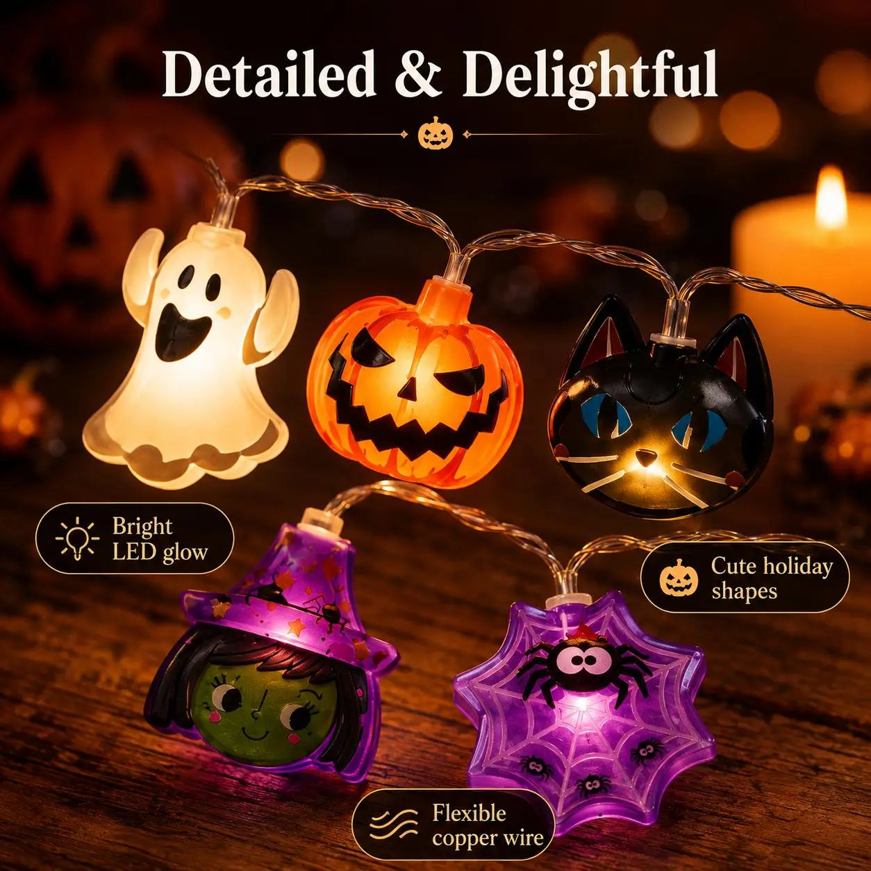 USB Pumpkin LED String Lights, 59–118in Warm Halloween Garland for Mantel, Window, Bedroom & Fall Decor