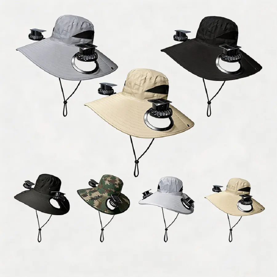 Wide-Brim Solar Fan Sun Hat for Men with Dual Cooling Fans & Adjustable Chin Strap