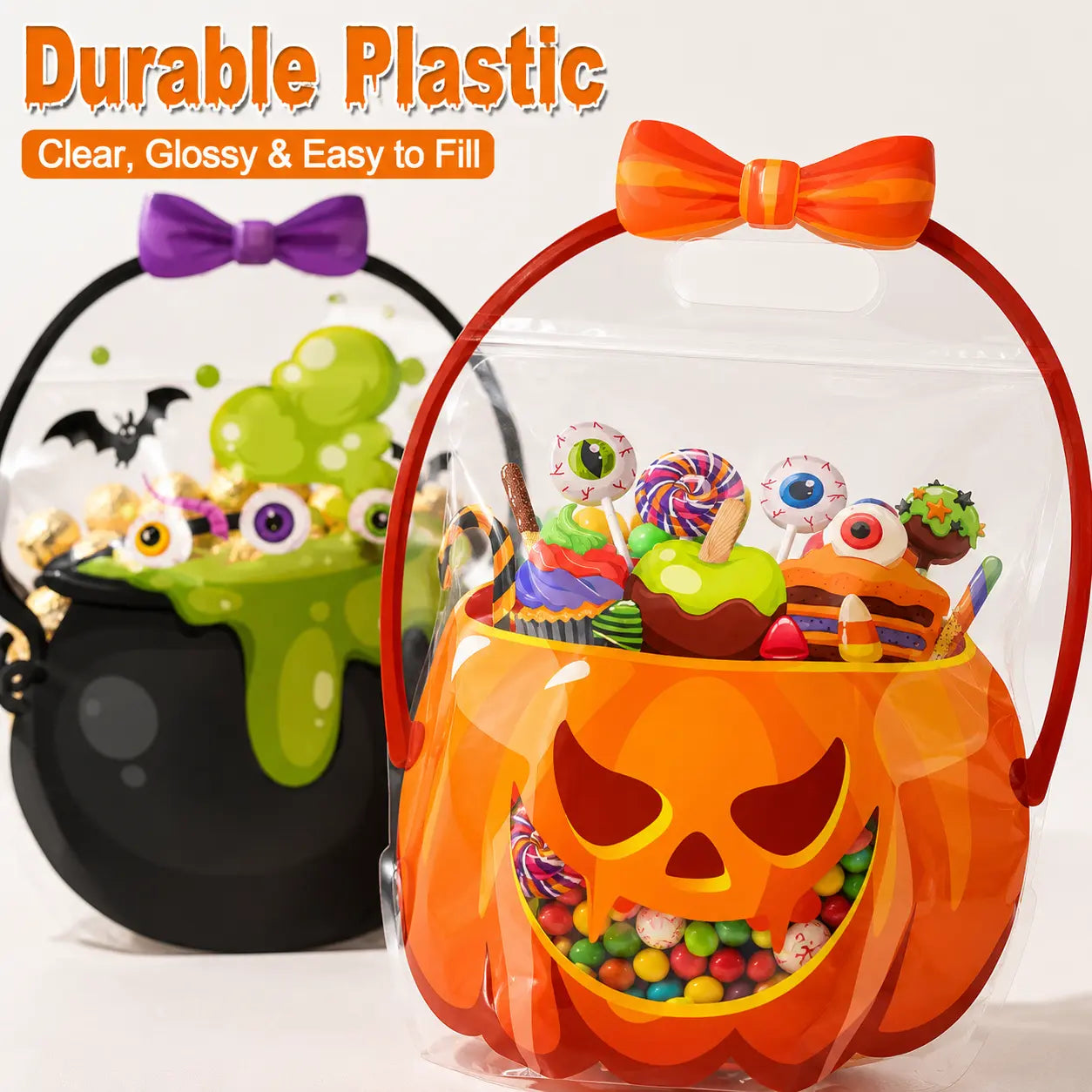 Halloween Plastic Goodie Bags with Pumpkin, Skull, Cat & Skeleton Designs for Candy, Classroom & Party Favors