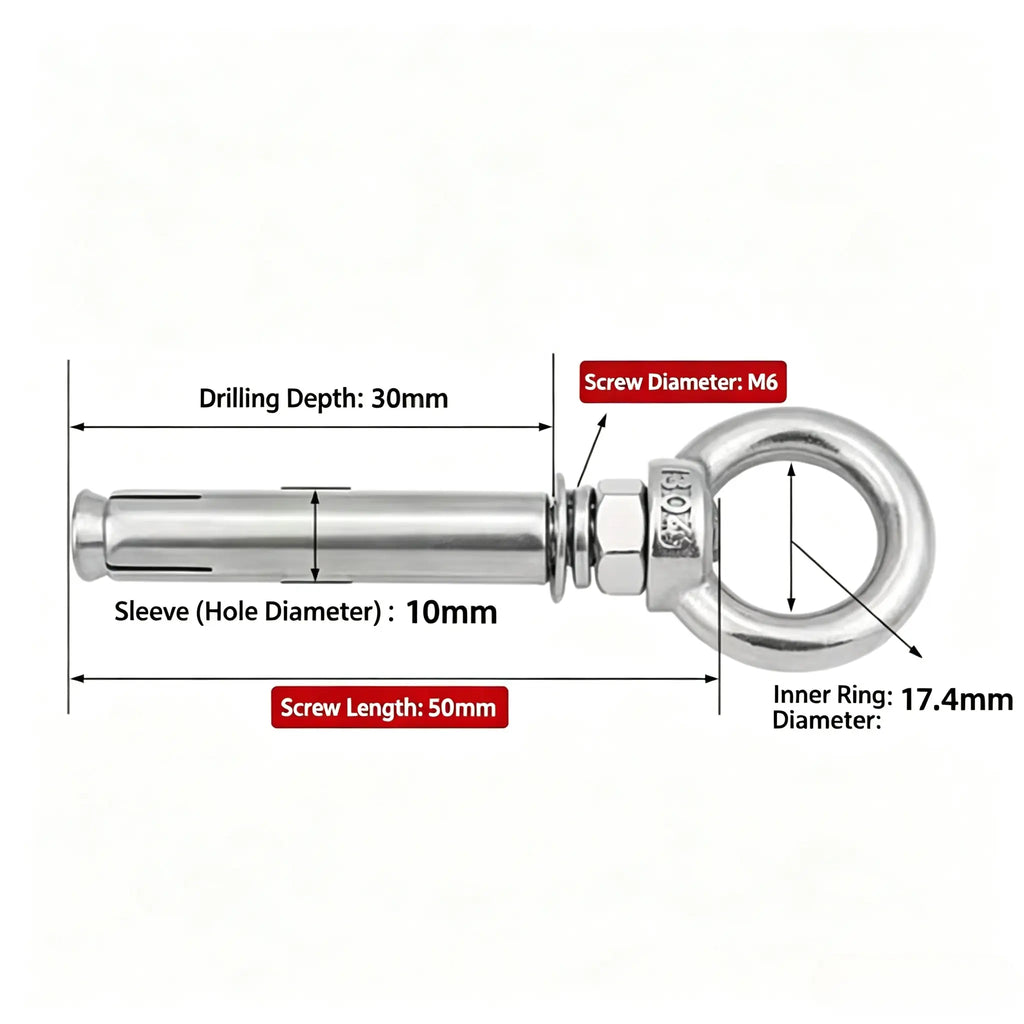 M6x50mm Ring Lifting Expansion Anchor Eyebolt 2 Pack Expansion Bolts Ceiling Hook Heavy Duty Bolts Anchor Fastener 304 Stainless Steel for Concrete Brick Wall