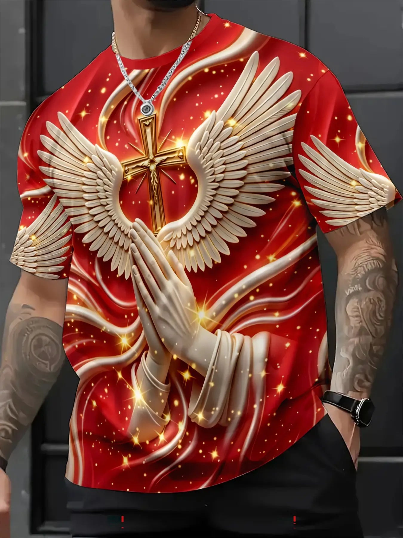 Men's 3D Cross & Angel Wings Graphic T-Shirt, Slim-Fit Short Sleeve Christian Crew Neck Summer Tee
