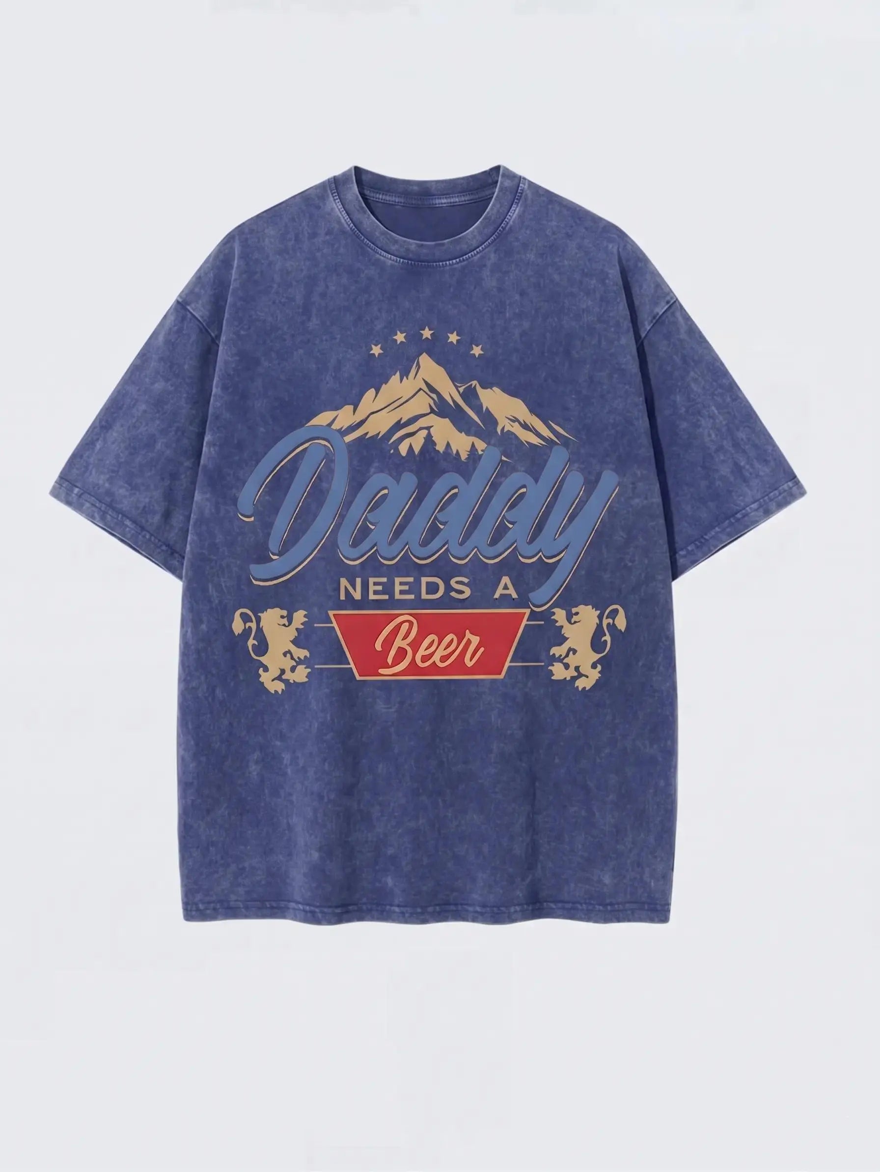 Men's 230G Heavyweight Cotton "Daddy Needs A Beer" Graphic T-Shirt, Vintage Washed Oversized Casual Streetwear Tee