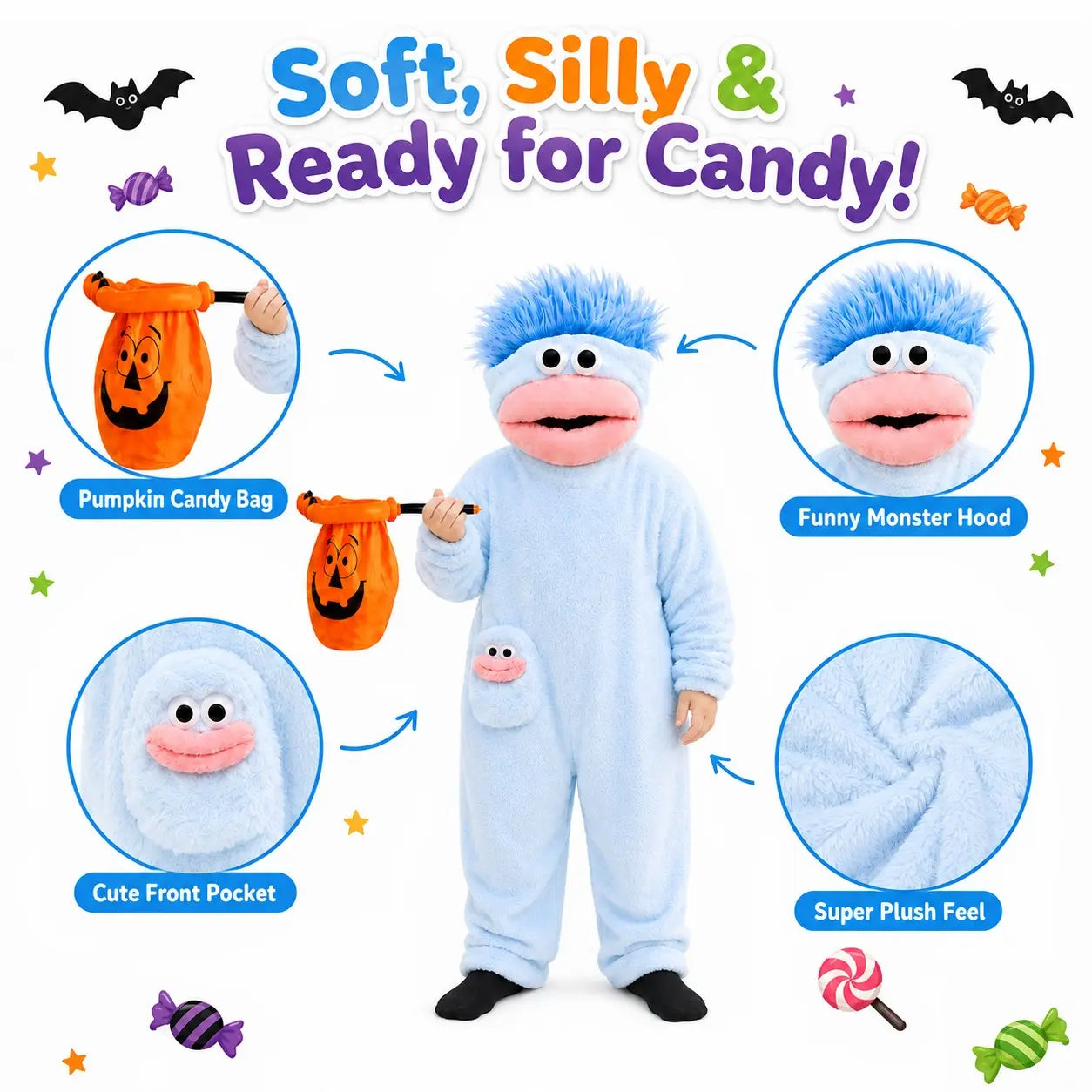 Kids’ Plush Monster Halloween Costume with Pumpkin Bag for Parties & Sleepwear
