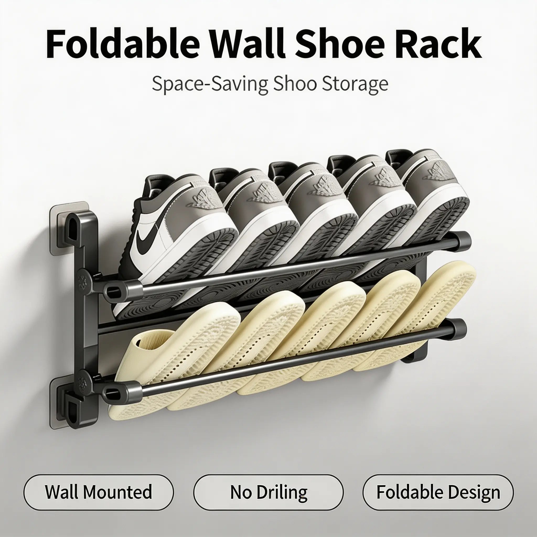 Foldable Wall-Mounted Shoe Rack, Space-Saving Slipper & Shoe Organizer for Bathroom, Entryway, Closet, Bedroom & RV
