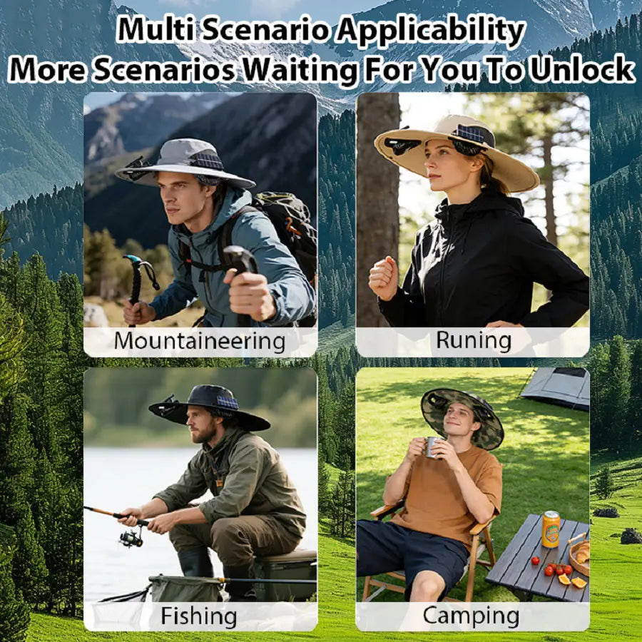 Wide-Brim Solar Fan Sun Hat for Men with Dual Cooling Fans & Adjustable Chin Strap