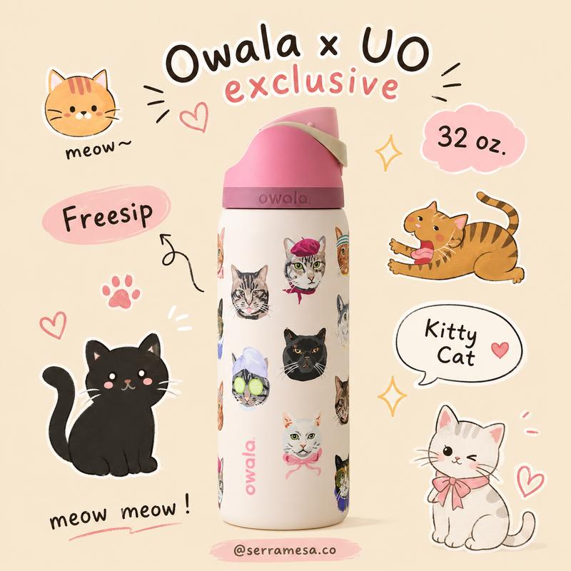 Owala Cat Collage FreeSip 32 oz Water Bottle, Cute Cat Print Insulated Stainless Steel Tumbler with Straw Lid