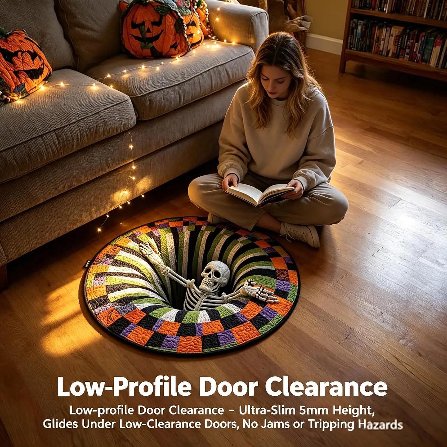 3D Skeleton Vortex Optical Illusion Round Rug, Soft Non-Slip Halloween Mat for Living Room & Indoor Decor
