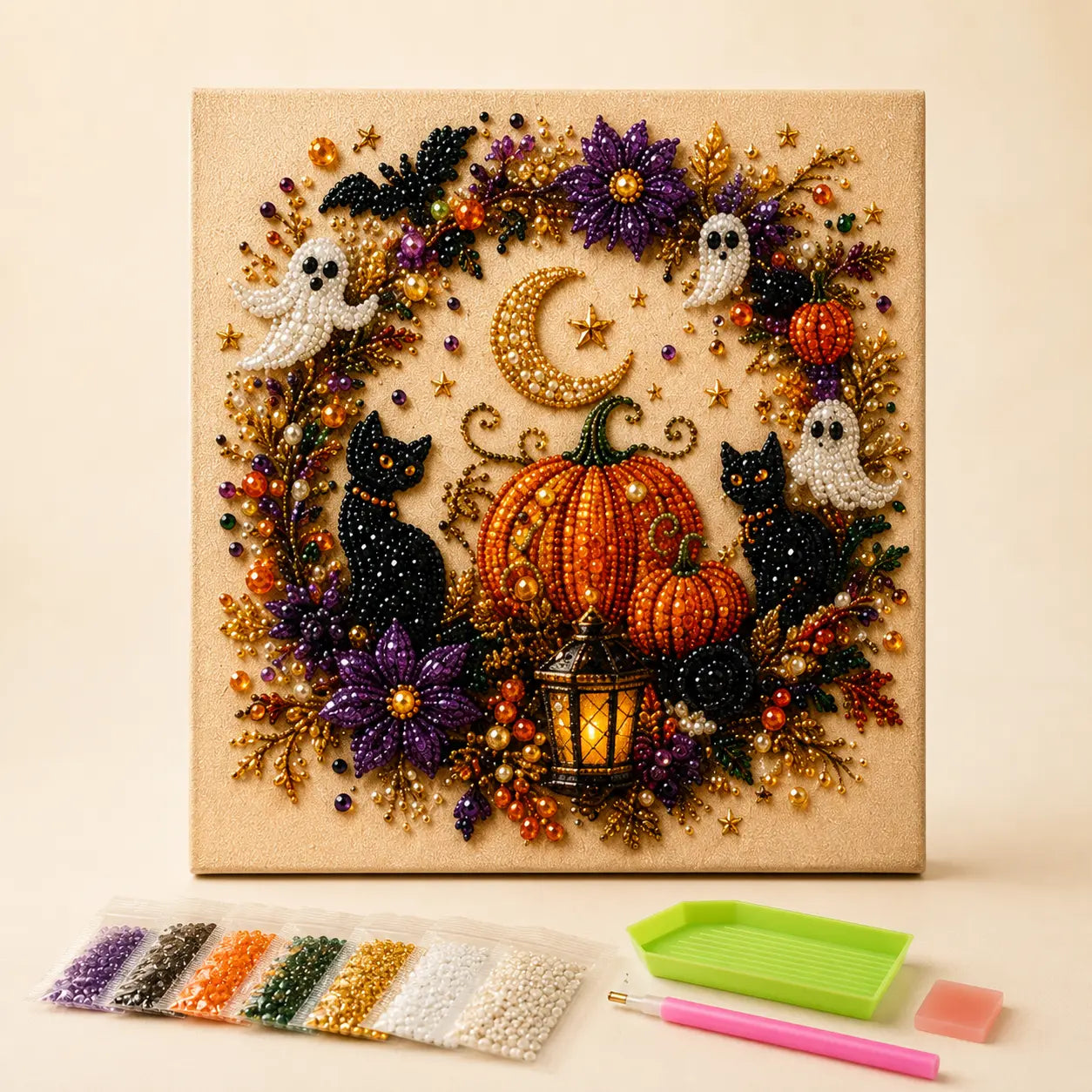 Halloween 5D Diamond Painting Kit with Tools, DIY Gem Art Canvas for Adults & Teens, Pumpkin Ghost Witch Cat Wall Decor Craft