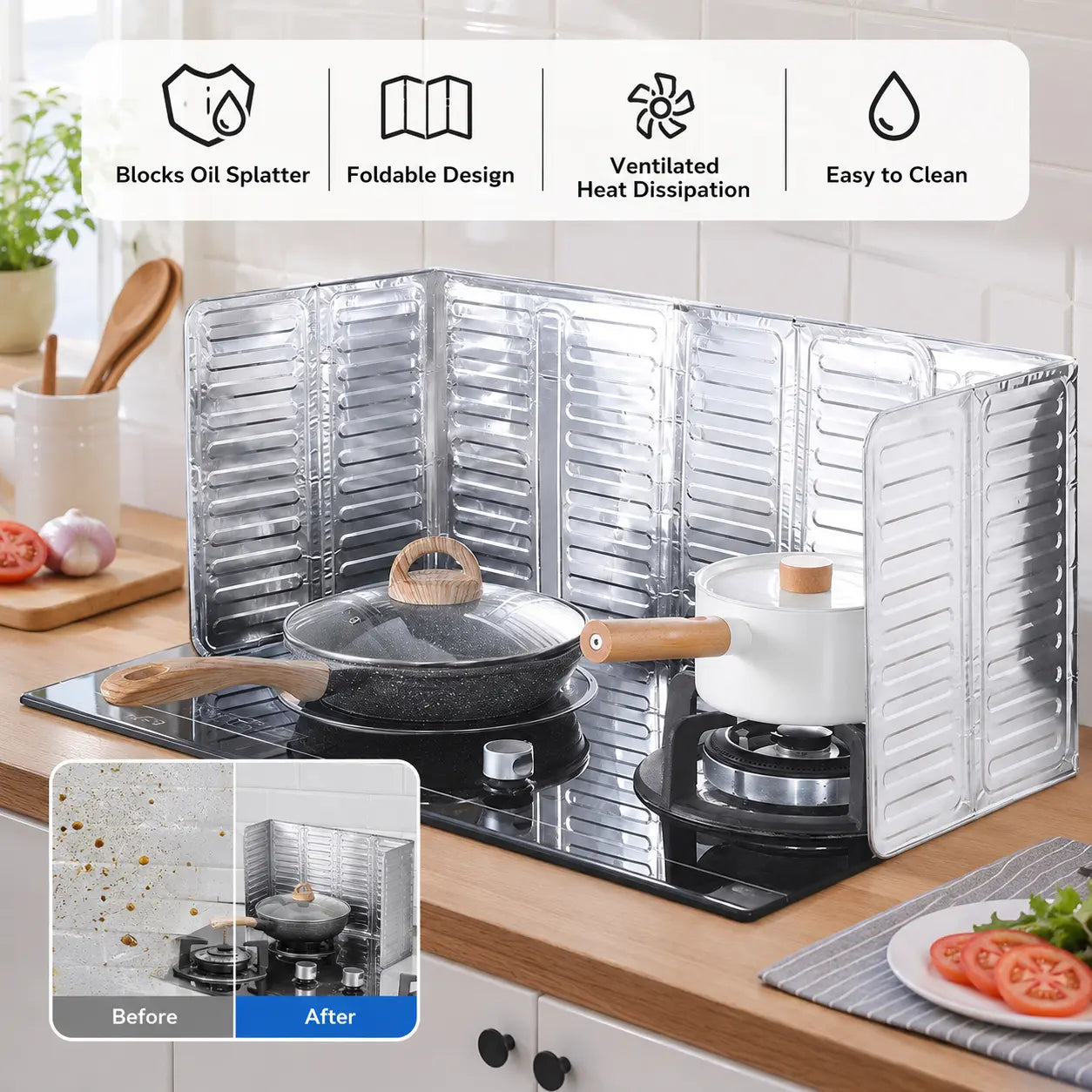 2-Pack Foldable Aluminum Foil Oil Splash Guards, Heat-Resistant Stove Baffles for Gas & Induction Cooktops