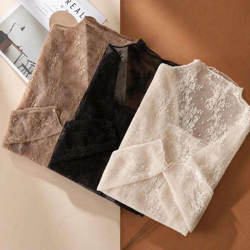Women’s 3-Piece Floral Lace Mesh Long-Sleeve Layering Top Set