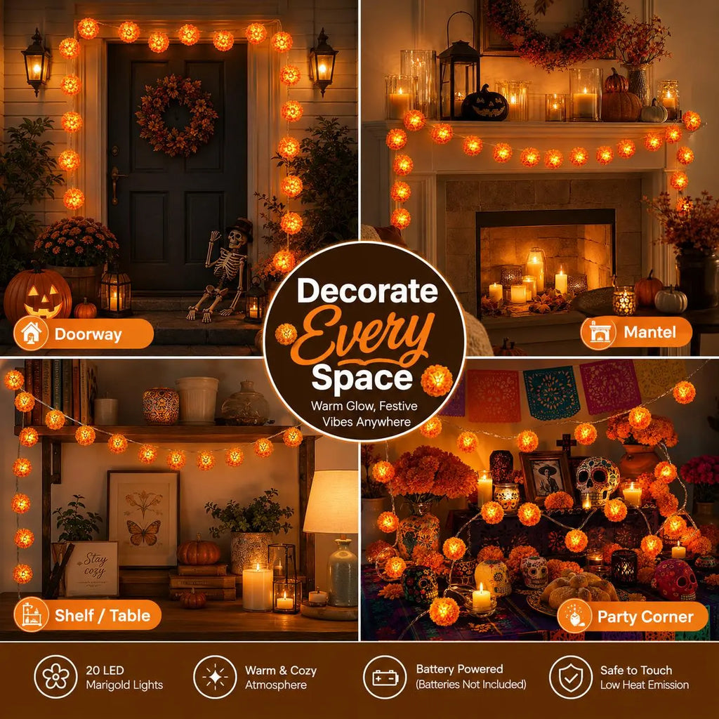 3M 20-LED Marigold String Lights for Ofrenda, Halloween & Fall Decor