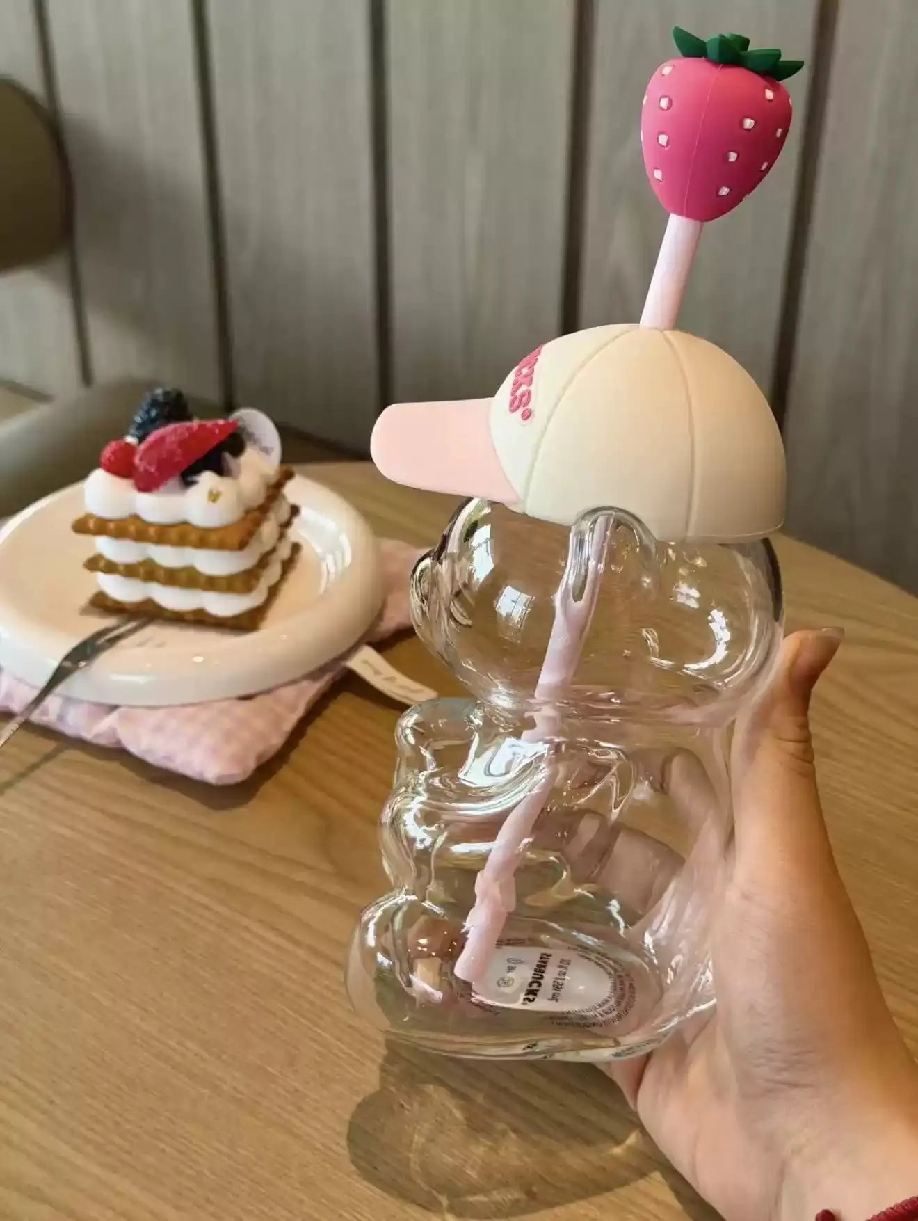 20oz Bear Glass Tumbler with Lid & Strawberry Straw for Cold Drinks