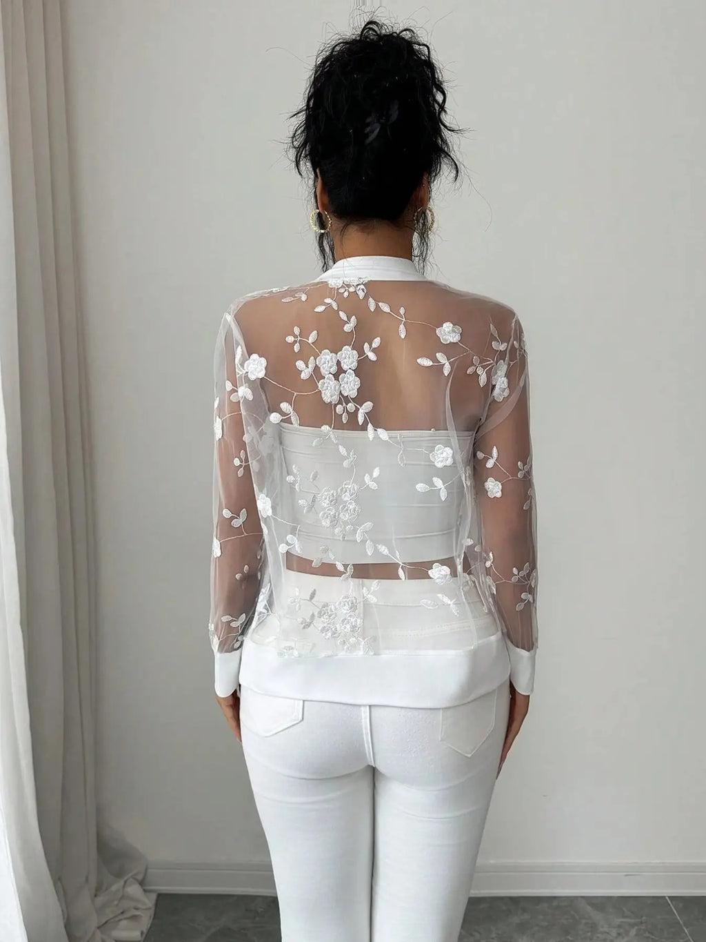 Women's Floral Embroidered Mesh Zip-Up Jacket, Lightweight Sheer Long Sleeve Layer for Spring & Summer
