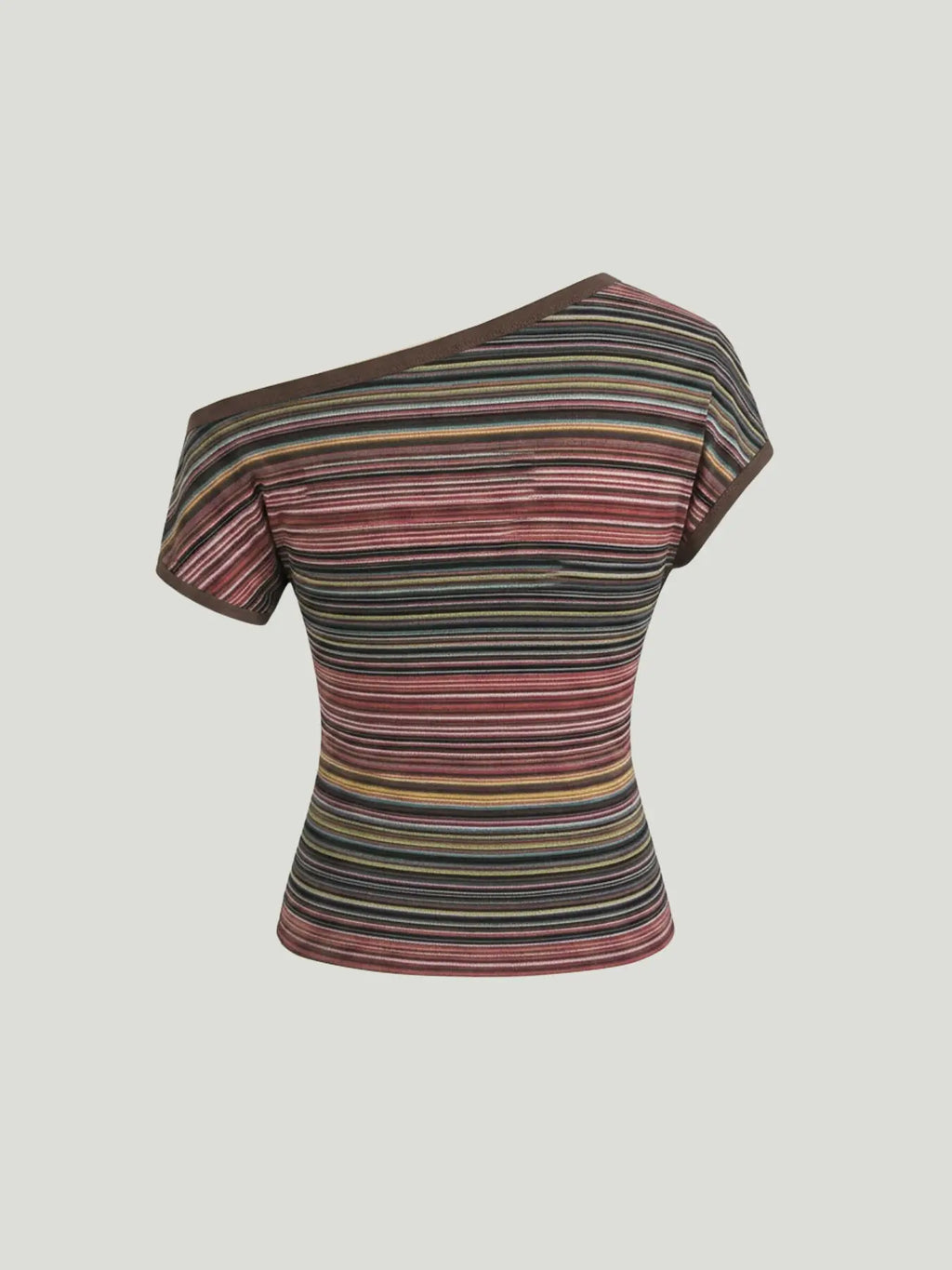 Women's Multi-Color Stripe One-Shoulder T-Shirt, Stretch Knit Slim-Fit Top for Casual, Date & Streetwear Looks