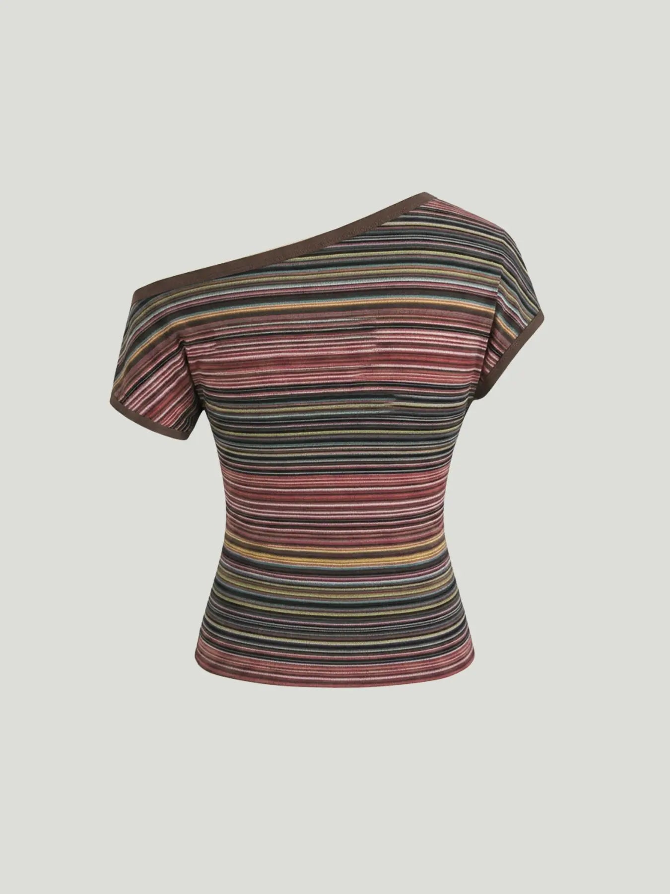 Women's Multi-Color Stripe One-Shoulder T-Shirt, Stretch Knit Slim-Fit Top for Casual, Date & Streetwear Looks