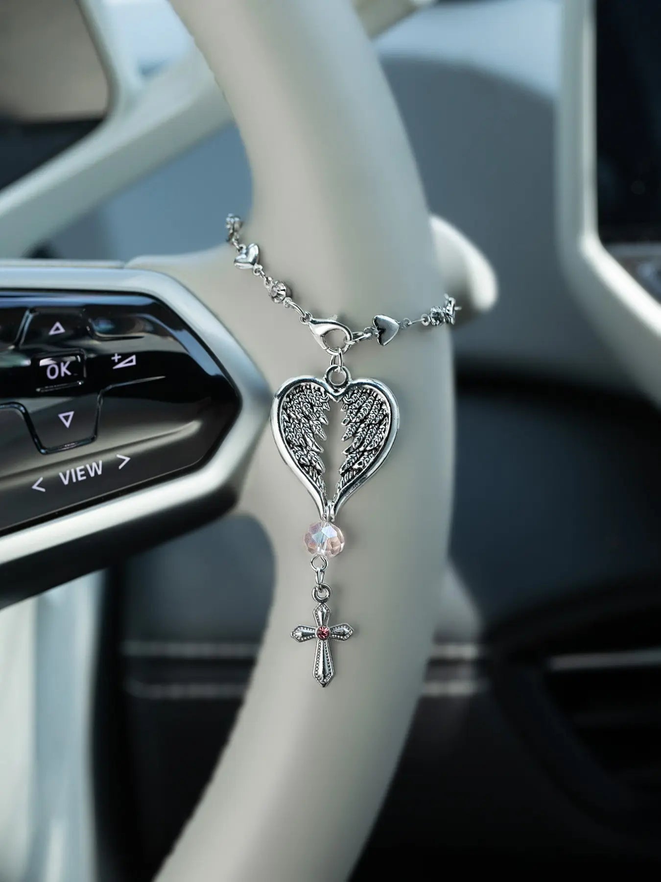 Feather Cross Steering Wheel Hanging Ornament, Stylish Car Interior Decoration & Aesthetic Auto Accessory