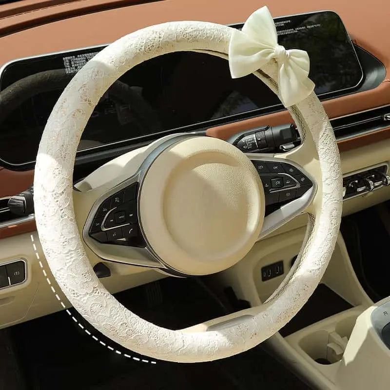 Lace Steering Wheel Cover 15 Inch Diameter Elegant Black with Large Cute Bow-knot Design Aesthetic Car Interior Decoration Non-Slip Universal Fit  for Women men