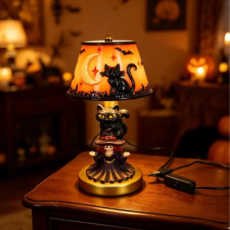 Retro Pumpkin & Bat Halloween Nightstand Lamp