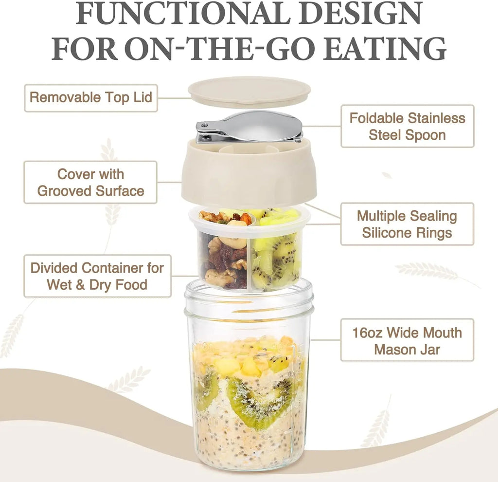16oz Overnight Oats Containers with Folding Spoon & Divided Compartments, Portable Glass Jars for Oatmeal, Yogurt, Fruit & Meal Prep