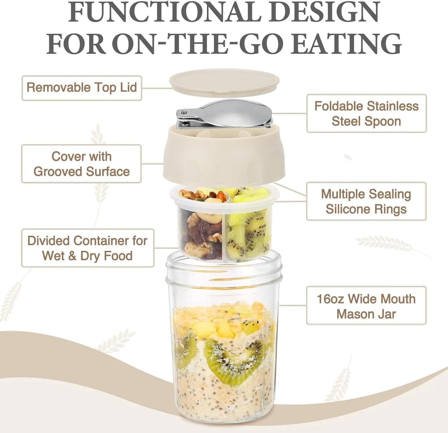 16oz Overnight Oats Containers with Folding Spoon & Divided Compartments, Portable Glass Jars for Oatmeal, Yogurt, Fruit & Meal Prep