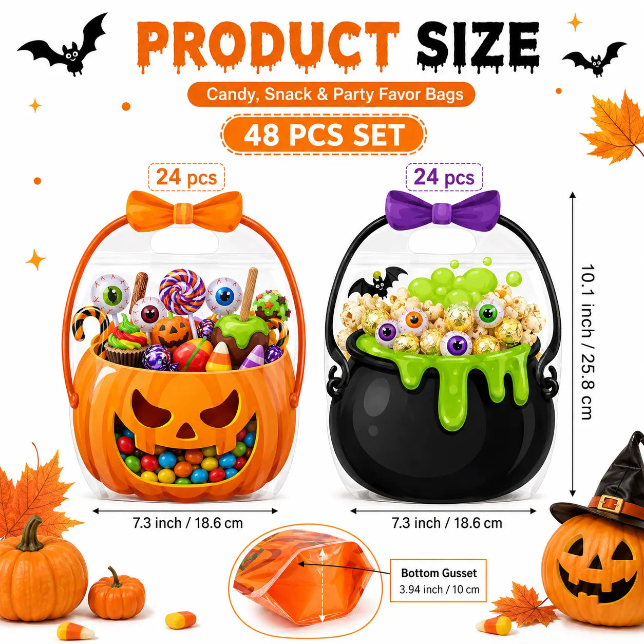 Halloween Plastic Goodie Bags with Pumpkin, Skull, Cat & Skeleton Designs for Candy, Classroom & Party Favors